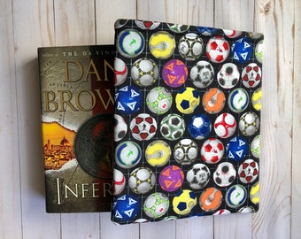 Multi coloured SOCCER BALLS, SPORTS, School Book Sleeve, Book Protector, Book Pouch, E-Reader Sleeve, Kindle, Tablet Sleeve, Book Lover Gift