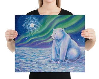 May include: A white polar bear sits on a snowy landscape under a vibrant green and purple aurora borealis. A white mandala with a white moon in the center is in the upper left corner of the image.