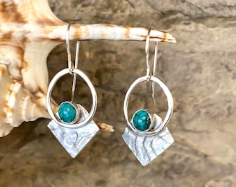 Geometric Turquoise Dangle Earrings in Textured Argentium Hypoallergenic Silver
