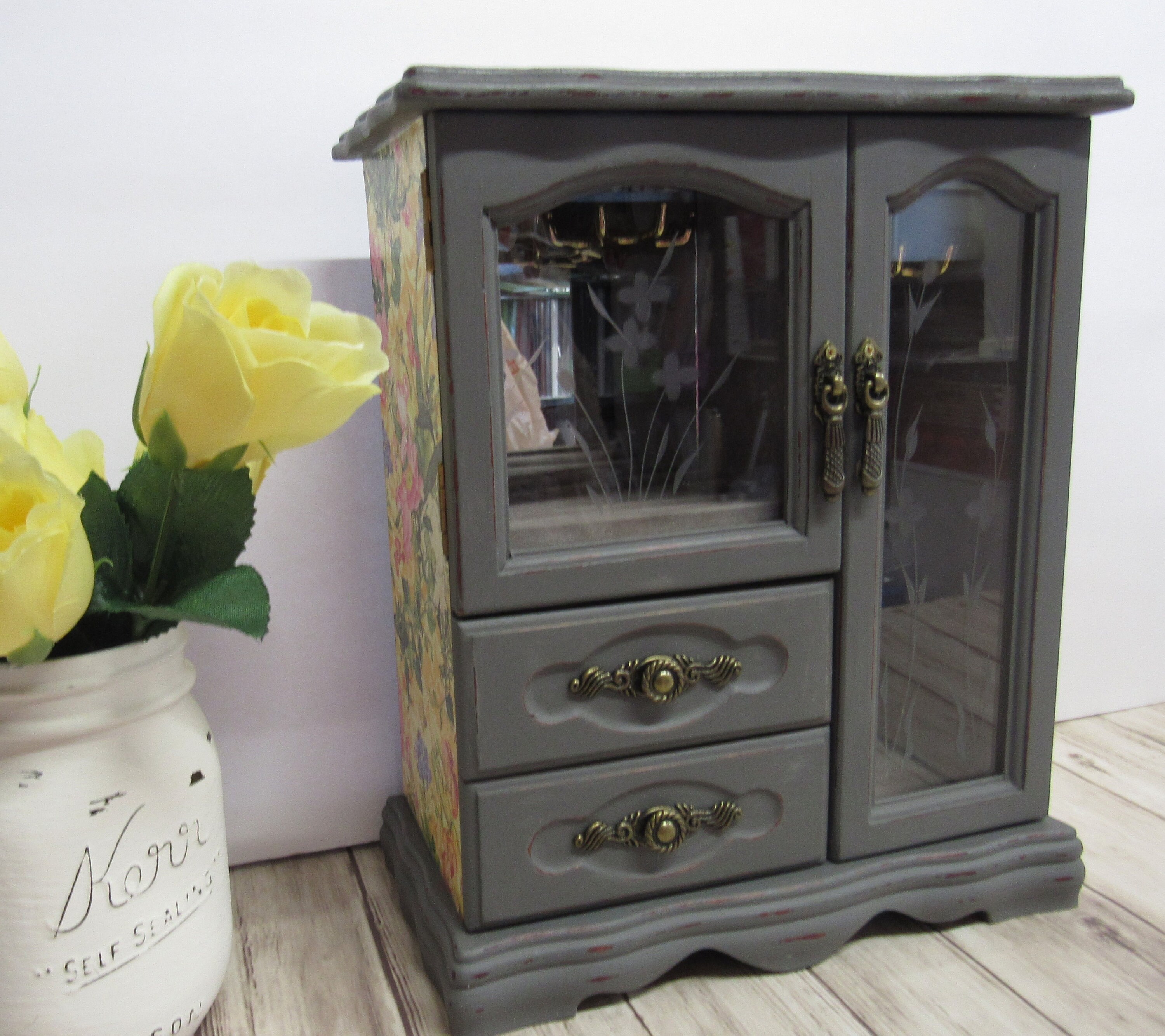 Shabby Chic Jewelry Box Charcoal Gray Chalk Paint Floral Etsy