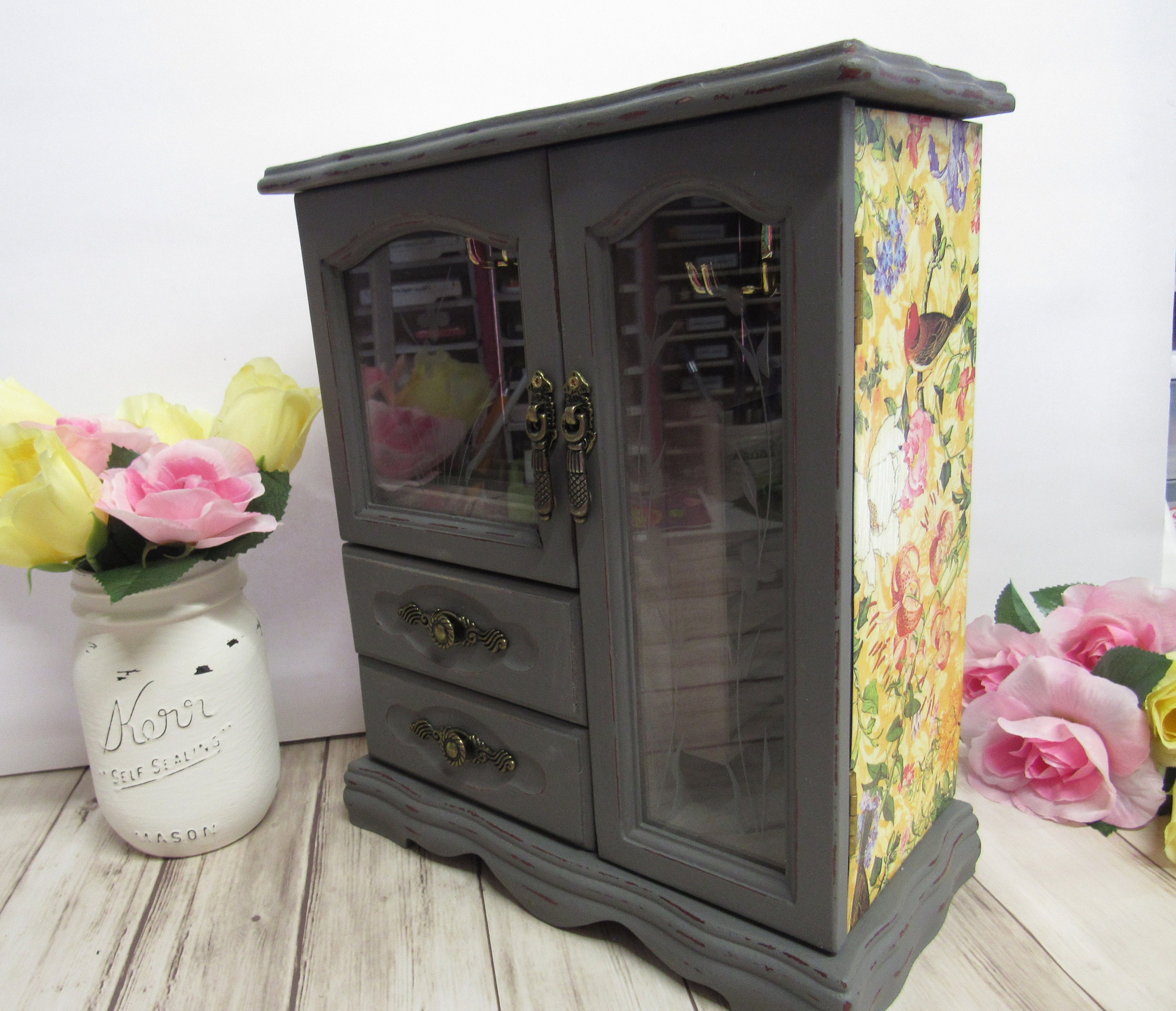 Shabby Chic Jewelry Box Charcoal Gray Chalk Paint Floral Etsy