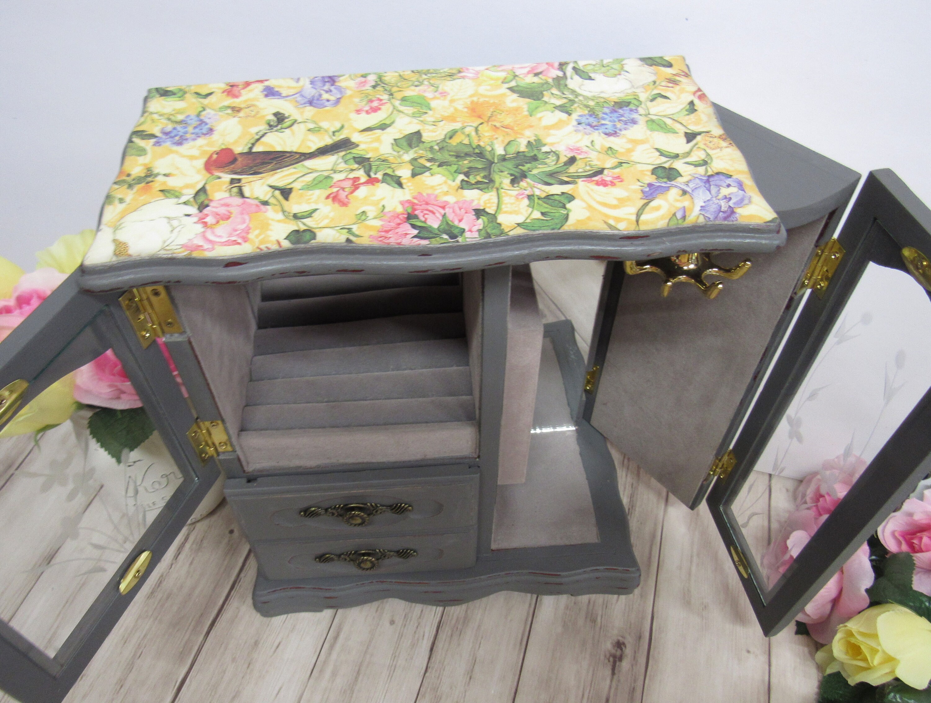 Shabby Chic Jewelry Box Charcoal Gray Chalk Paint Floral Etsy