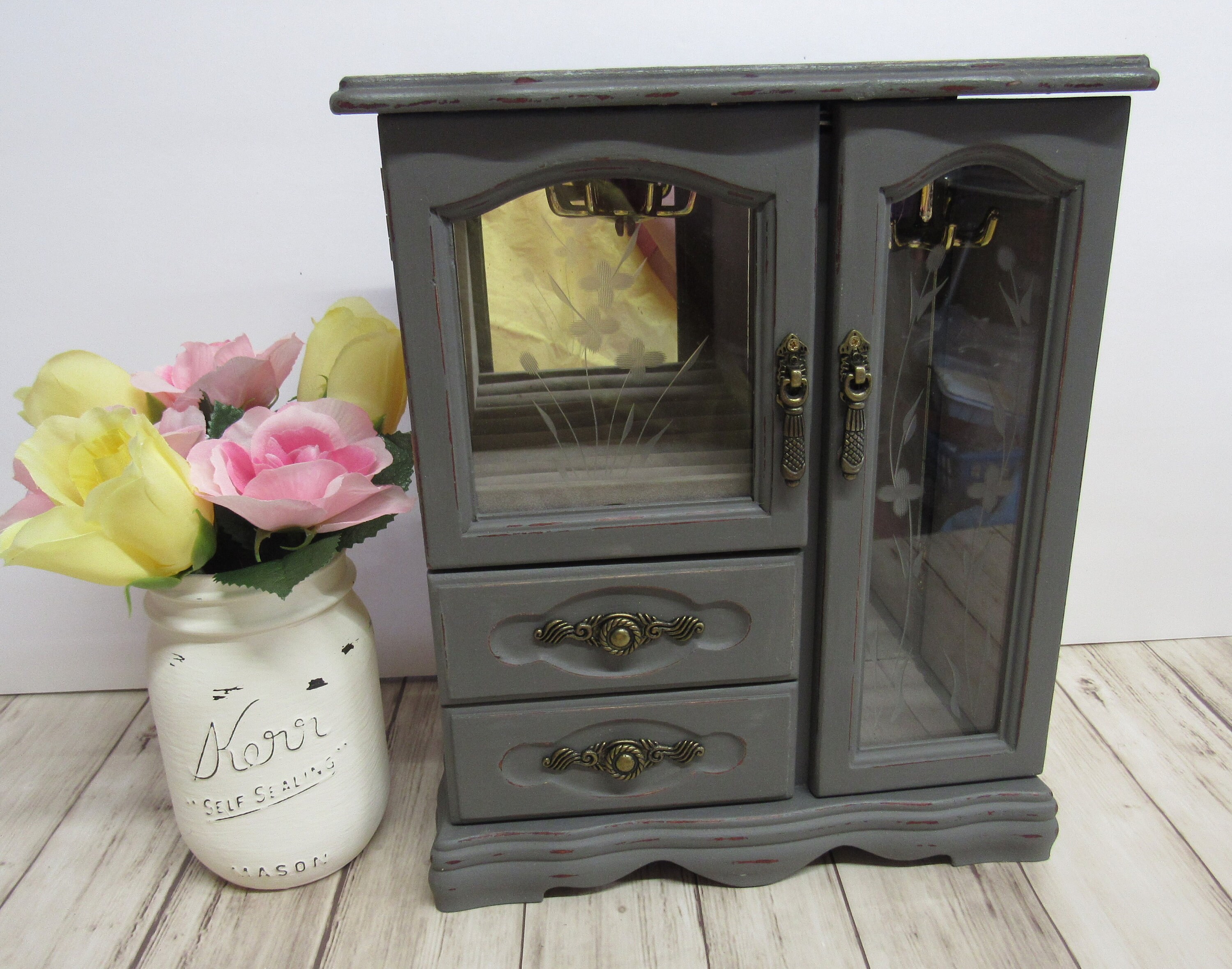 Shabby Chic Jewelry Box Charcoal Gray Chalk Paint Floral Etsy