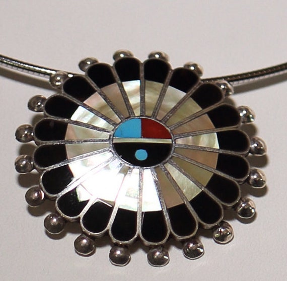 Sterling Silver Handmade Inlay Stone Round Circle Pueblo Pendant