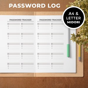 Password Log, Password Tracker, printable pdf, Midori insert, A4, US Letter, Password Journal, Midori Printable, Planner Printable, Downlaod