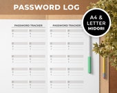 Password Log, Password Tracker, printable pdf, Midori insert, A4, US Letter, Password Journal, Midori Printable, Planner Printable, Downlaod