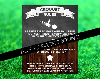 May include: A printable croquet rules sign with a chalkboard background and a woodgrain border. The sign features a white mallet and ball, and the text "Croquet Rules". The rules are: "Be the first to move your ball from the stake through each wicket and back through to the stake." and "A player may earn bonus shots if they hit their ball through a wicket or hit another ball. One bonus shot can lead to another."