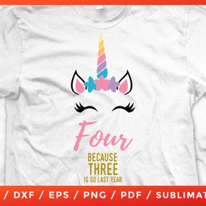4 Jahre alte Einhorn Geburtstag Mädchen Svg, 4. Geburtstag Geschenk vier für Cricut Silhouette Sublimation Cameo geschnitten Dateien Vinyl Clip Art Download