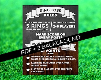 May include: Black and white printable sign with the title "Ring Toss Rules". The sign includes instructions for playing the game, including the number of players, starting line, and scoring. The sign also includes a graphic of a ring toss game.