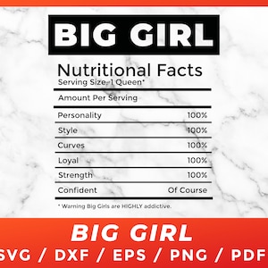 Big Girl SVG, Big Girl Faits nutritionnels pour Cricut Silhouette Cameo Cut Files Vinyl Clip Art Télécharger