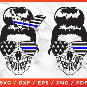 Mom life skull SVG, Thin Blue Line Law Enforcement Police Officer Messy Bun Bandana for Cricut Silhouette Cameo Cut Files Vinyl Clip Art