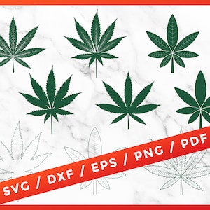 Può includere: Set di otto illustrazioni di foglie di marijuana verdi in vari stili. Le foglie sono contornate di nero e hanno uno sfondo bianco. Il testo "SVG / DXF / EPS / PNG / PDF" è nella parte inferiore dell'immagine.
