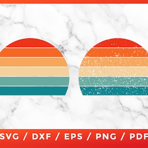 Puede incluir: Dos diseños de puesta de sol retro, uno con textura desgastada y el otro sin. Ambos presentan una forma de semicírculo con rayas naranja, amarillo, azul y turquesa.