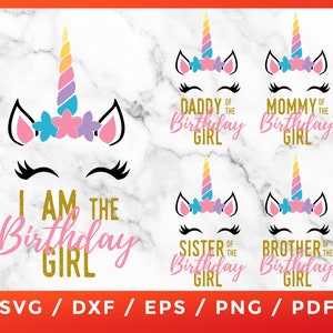 Unicórnio aniversariante, papai mamãe irmã irmão da aniversariante Svg, para Cricut Silhouette Cameo Cut Files Download de clipart de vinil