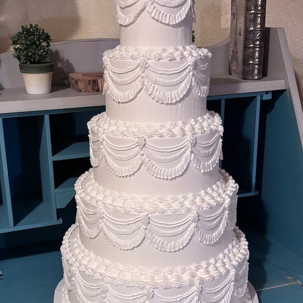 Five tier vintage inspired faux wedding cake