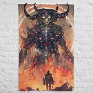 monomyth,Demon Warrior,Dark Fantasy,Digital Painting,Cool Wall Hanging,Gothic,Teen Room Decor,Visionary Art, Mythic Home Decor,Fabric Banner