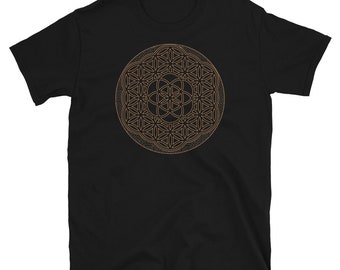 May include: Black t-shirt featuring a brown geometric pattern of a flower of life design.