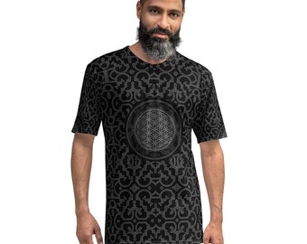 Svart Shipibo Herr T-shirt, Livets Blomma, Helig Geometri