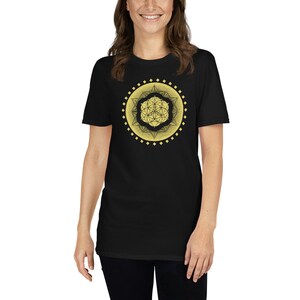 Mandala Merkaba Tshirt, Sacred Geometry, Chakra, Sri Yantra, Festival, Yoga, Women&#39;s Clothing, Gold,Flower of Life, Stretch Cotton.
