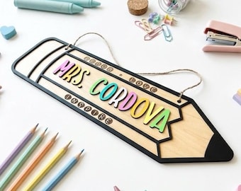 Personalized Teacher Pencil Sign, Custom Classroom Door Hanger, Teacher Appreciation Gift, Pastel Classroom Decor, New Teacher Gift