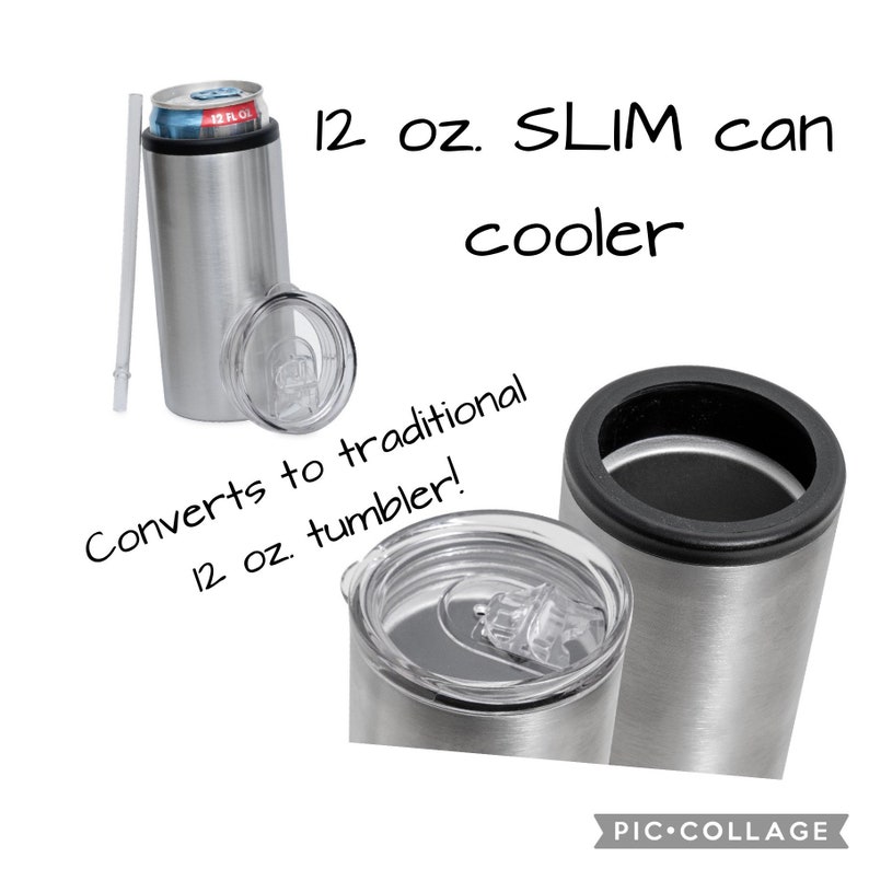 May include: A stainless steel 12 oz. slim can cooler with a clear lid and a white straw. The text reads "12 oz. SLIM can cooler" and "Converts to traditional 12 oz. tumbler!"