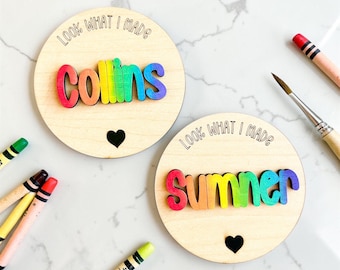 Personalized Kids Art Display Magnet, Look What I Made Wooden Name Magnets, Children's Artwork Holder for Refrigerator, Rainbow Kids Magnet