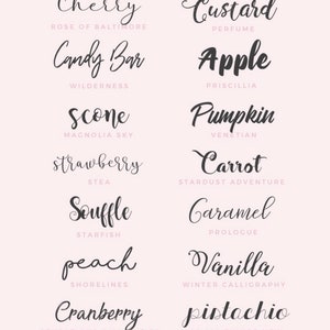 May include: A light pink background displays a collection of handwritten words in a cursive font. The words include "Cherry", "Custard", "Candy Bar", "Apple", "Scone", "Strawberry", "Souffle", "Peach", "Cranberry", "Carrot", "Caramel", "Vanilla", and "Pistachio".
