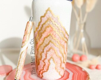 Pink Coral Geode Tumbler and Coral Geode Pen Set, Coral Drinkware, Coral Glitter Tumbler, Rose Gold Blush Office Accessories