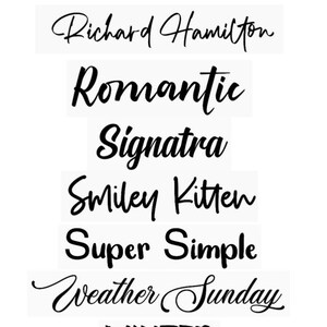May include: A white background showcases several black font styles, such as "Richard Hamilton," "Romantic," and "Winter Calligraphy." The text "TheMattFiveCo Fonts" is in pink at the top.