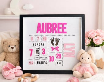 Personalized 3D Birth Stat Sign, Custom Nursery Birth Announcement Frame