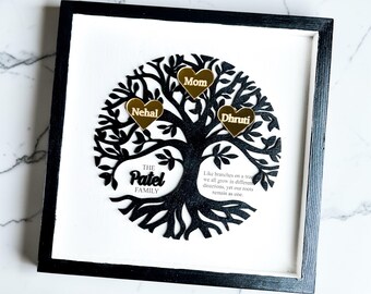 Personalized Family Tree Wall Art, Custom Family Name Sign with Gold Hearts, 12x12 Framed Family Gift, Generational Family Gift, Mothers Day