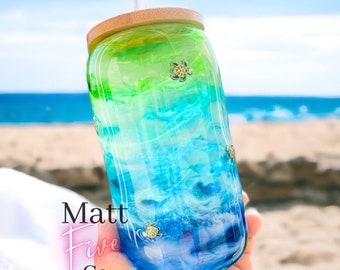 Vaso de cristal con diseño de tortuga marina, vaso de cristal con tapa de bambú, regalos inspirados en el océano, regalo para amantes del café, vaso inspirado en la playa, regalo para amantes de la playa