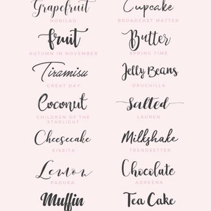 May include: A collection of handwritten words in a cursive font, including "Grapefruit," "Cupcake," "Fruit," and "Butter." Each word is paired with a smaller word underneath. The background is a soft pink.