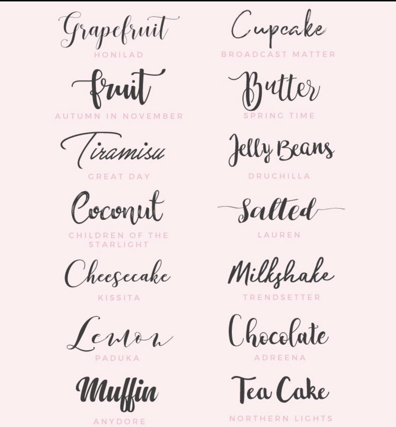May include: A collection of handwritten words in a cursive font, including "Grapefruit," "Cupcake," "Fruit," and "Butter." Each word is paired with a smaller word underneath. The background is a soft pink.