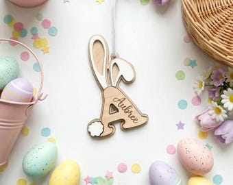 Personalized Easter Basket Tag, Custom Bunny Initial Name Tag, Kids Easter Basket Decor, Laser Cut Wooden Name Plate, Easter Gift for Kids