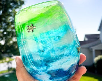 Copa de vino con forma de tortuga marina pintada a mano, cristalería Ocean Beach