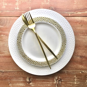 Rustic Coastal Collection. White Wedding Plates. Disposable Gold, Rose Gold, Silver Wedding Plates. Disposable Buffet Plates.