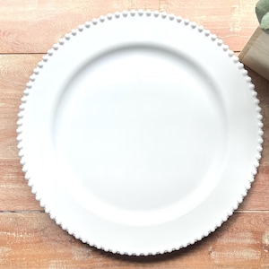 White on White Hotel Pearl Collection.  13” Pearl Hotel Size Plate. XL White Pearled Disposable Wedding Dinnerware.  Set for 10.