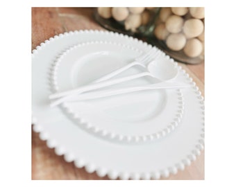 White on White Pearl Collection. White Pearled Disposable Wedding Dinnerware.   Dinnerware Sets with Cutlery or al la carte.  Sets for 10.