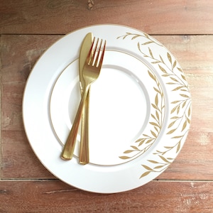 Disposable Modern Gold Party Plates. Disposable Wedding Party Plates. Setting for 10/(10x10”+10x7.5”) Fields of Gold  Collection.