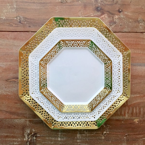 Rustic Mod Eyelet Collection. White Wedding Plates. Disposable Gold, Rose Gold, Silver Wedding Plates. Disposable Buffet Plates.