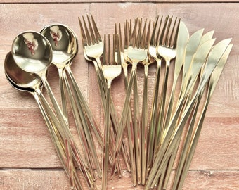 Disposable Modern Cutlery. Plastic Wedding Forks, Spoons, Knives in Metallic Gold, Pearl, Non-Pearl or Black. Mod Shimmer Collection.