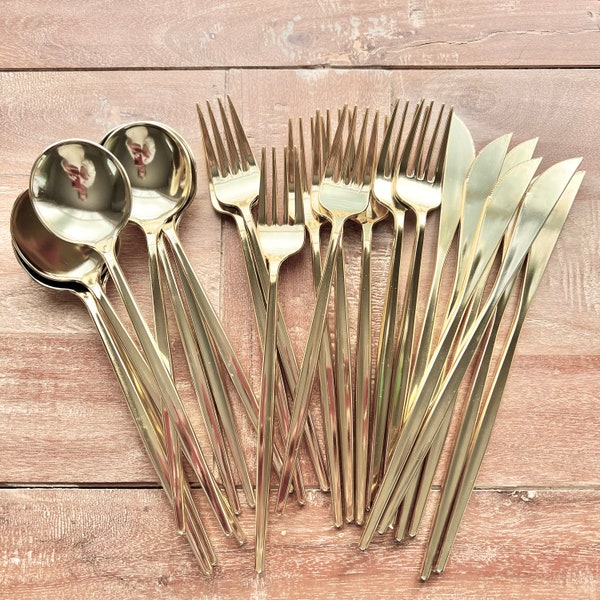 Disposable Modern Cutlery. Plastic Wedding Forks, Spoons, Knives in Metallic Gold, Pearl, Non-Pearl or Black. Mod Shimmer Collection.