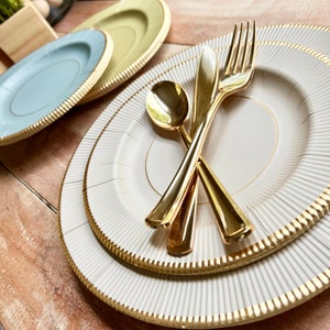Vintage China Paper Plate Matte Collection.  Island Sage, Sand Taupe, or Bay Blue and Gold  Paper Plates. Disposable Plates. Set off 8.