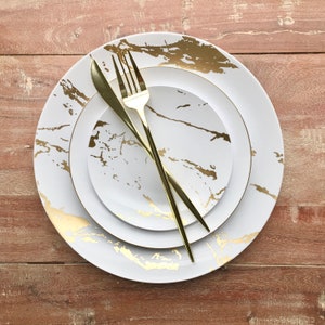 Disposable Modern White or Black with Matte Gold Marble Party Plates. Quartz Marble Disposable Plates.  Mod Quarry Collection.