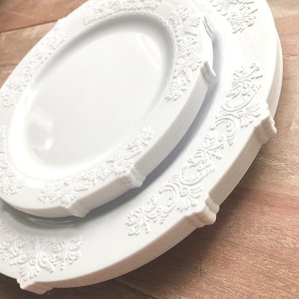 Modern Vintage Venise Lace Collection. Disposable Modern Lace White Party Plates. Disposable Wedding Party Plates. White Buffet Plates.