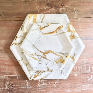 Mod Marble Hex Dinner Collection. Marble Party Decor. White and Gold or Silver Paper Party Plates. Disposable Plates. Set of 8.