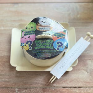 May include: A round container with a "Mystery Squishy Dumplings" label, featuring colorful cartoon dumplings and the text "Glow in the Dark!". The container sits in a light-colored tray, with a "PRET-A-PARTYNY" label and wooden sticks.
