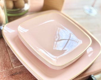Disposable Modern Blush and Gold or White Disposable Wedding Party Plates.  Mod Eternity Square Collection.