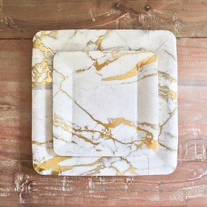 Mod Marble Square Dinner Collection. Marble Party Decor. White and Gold or Silver Party Plates. Disposable Plates.